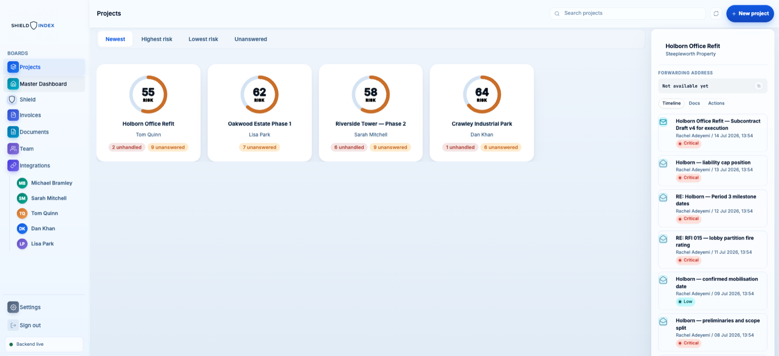 Shield Index projects board — every project scored by risk