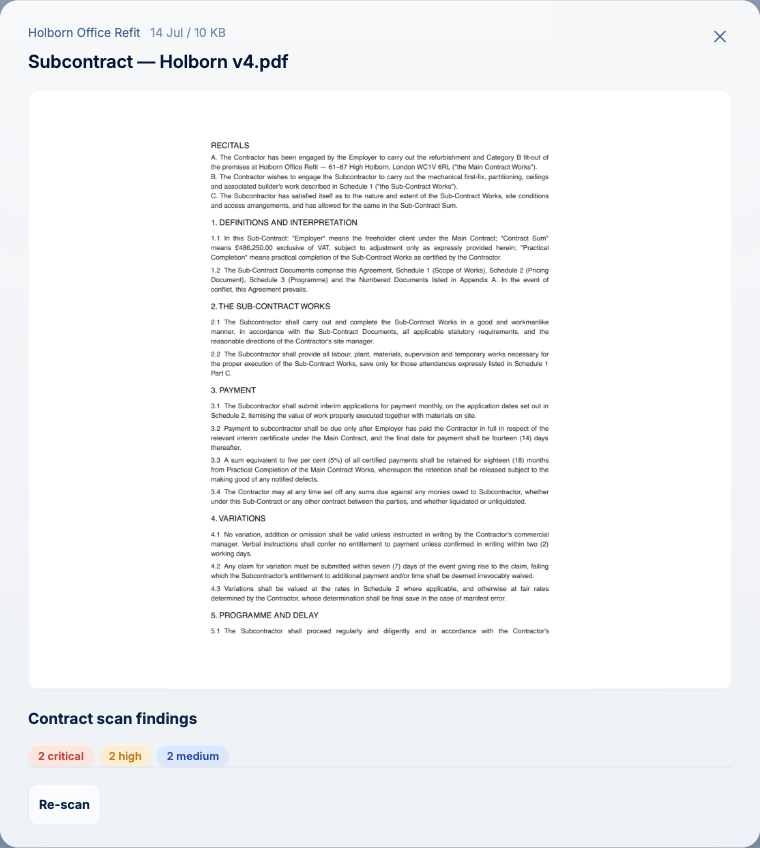 Subcontract PDF with contract scan findings: 2 critical, 2 high, 2 medium