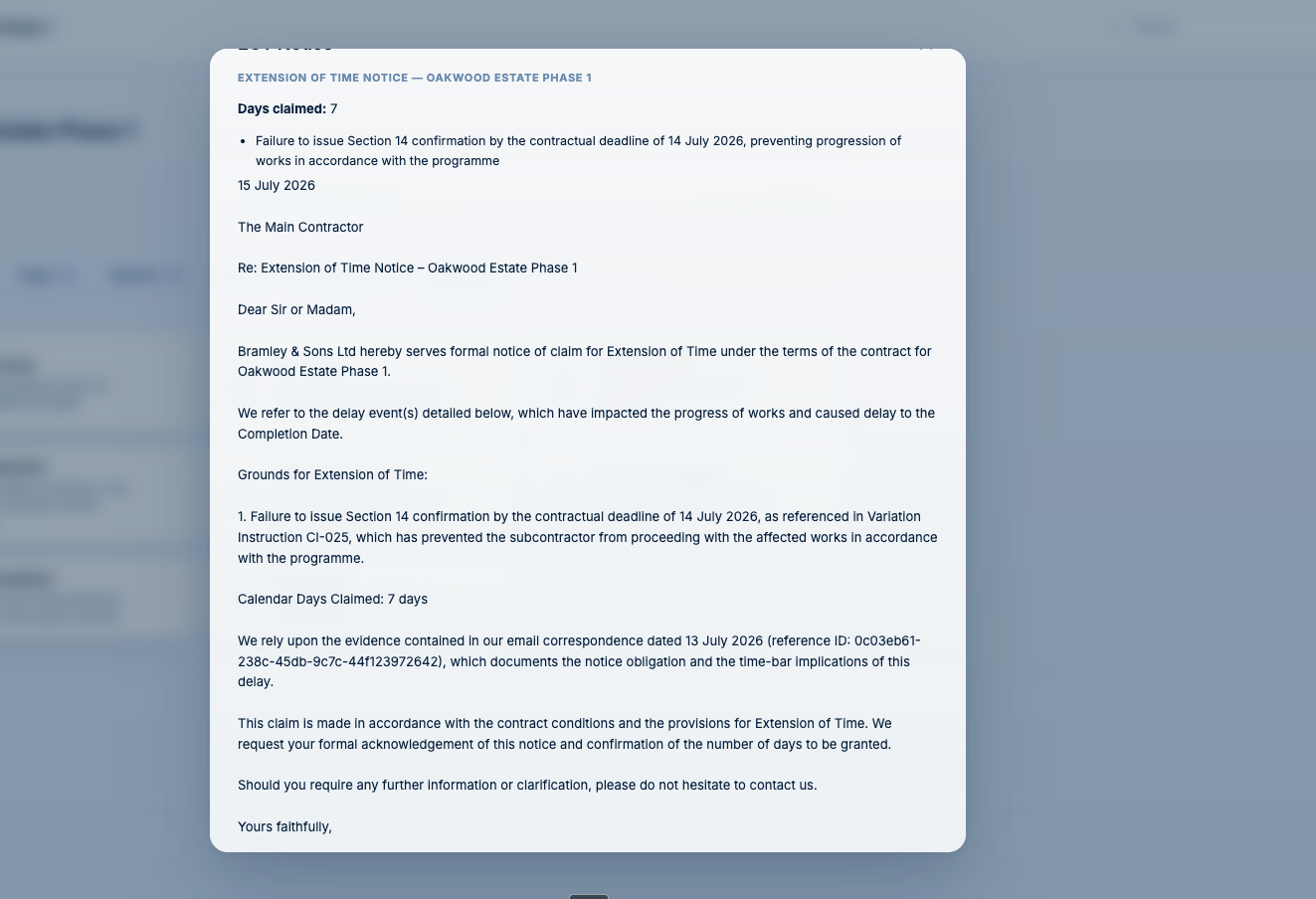 Auto-drafted Extension of Time notice citing the delay event and source emails